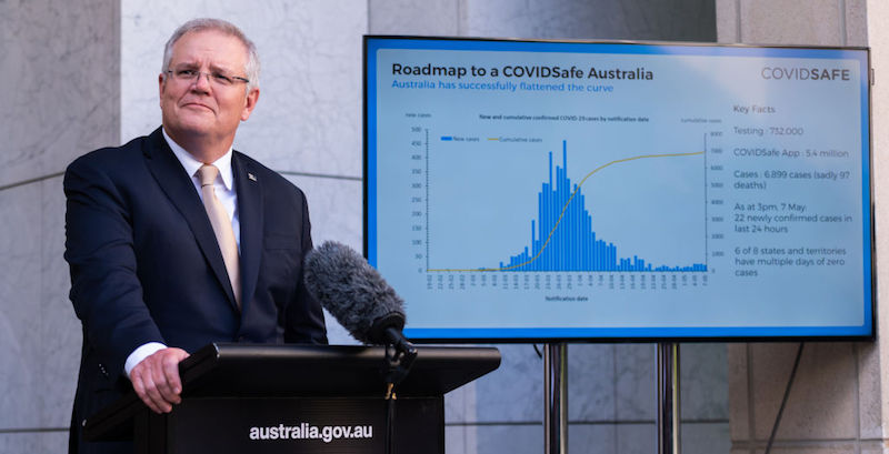 Il primo ministro australiano Scott Morrison presenta il piano in tre fasi per allentare le restrzioni, Canberra, 8 maggio 2020
(Rohan Thomson/Getty Images)