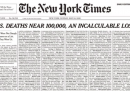 La prima pagina del New York Times fatta interamente con i nomi dei morti per il coronavirus