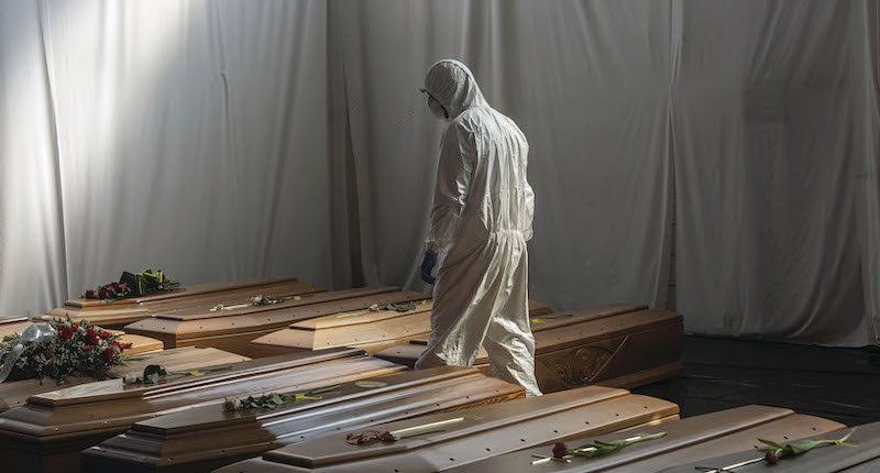 Caskets in Bergamo waiting to be moved to a crematorium in Florence, April 7 (Marco Di Lauro/Getty Images)