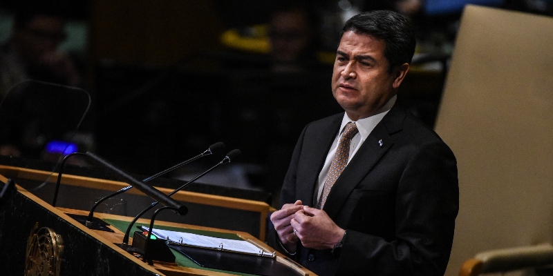 Il presidente dell'Honduras Juan Orlando Hernández il 28 settembre 2018, all'Assemblea generale delle Nazioni Unite, a New York (Stephanie Keith/Getty Images)