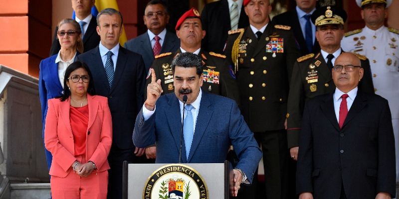 Il presidente del Venezuela Nicolas Maduro durante una conferenza stampa al palazzo presidenziale di Caracas il 12 marzo 2020 (AP Photo/Matias Delacroix)