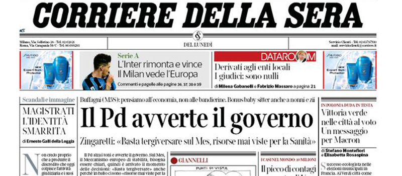 Le prime pagine di lunedì 29 giugno 2020