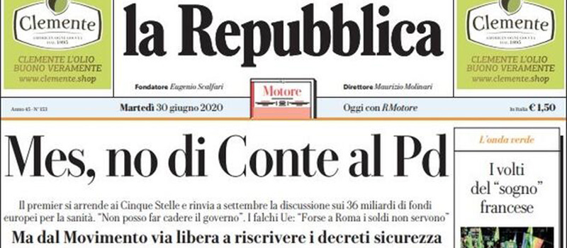 Le prime pagine di martedì 30 giugno 2020