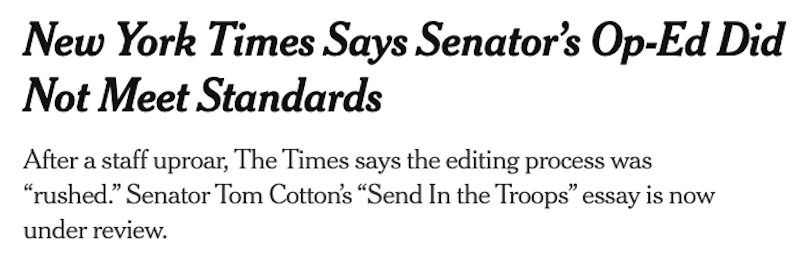 Il New York Times ha detto che il controverso articolo del senatore Repubblicano Tom Cotton «non era all’altezza» di essere pubblicato