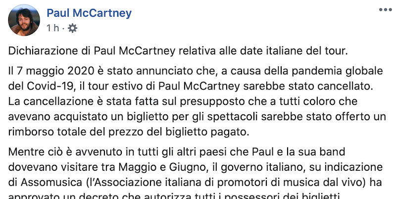 Secondo Paul McCartney è «scandaloso» che i biglietti dei suoi concerti italiani cancellati per il coronavirus non siano rimborsati