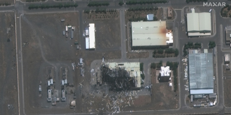 Un'immagine satellitare dell'8 luglio 2020 dei danni provocati dall'incendio del 2 luglio all'impianto di arricchimento dell'uranio di Natanz, circa 300 chilometri a sud della capitale Teheran, in Iran (ANSA/EPA/MAXAR TECHNOLOGIES HANDOUT)