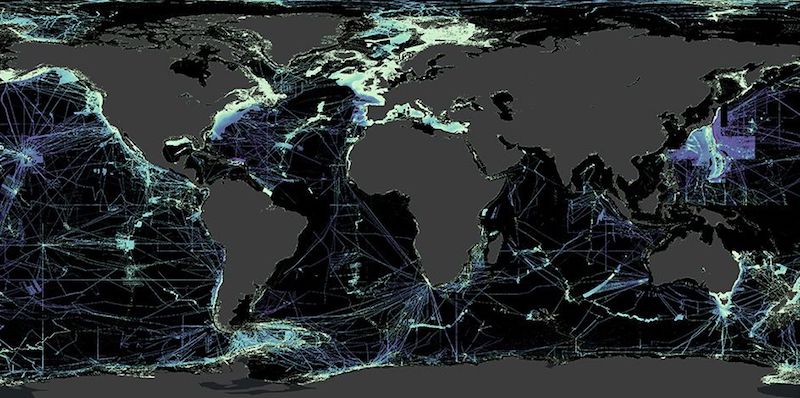 Lo stato dell'arte delle rilevazioni batimetriche degli oceani terrestri: le parti in nero sono le zone degli oceani per cui non disponiamo di mappe precise; le abbiamo solo per le zone colorate (Nippon Foundation-GEBCO Seabed 2030 Project)
