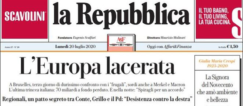Le prime pagine di lunedì 20 luglio 2020