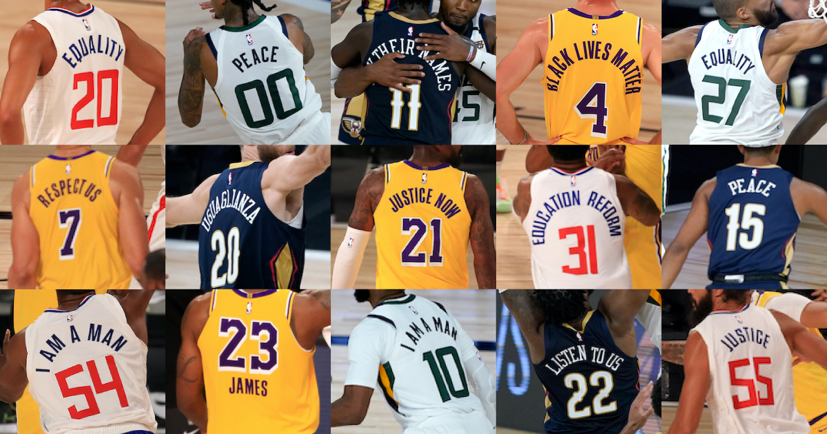 I messaggi sulle maglie NBA alla ripresa della stagione; al centro verso sinistra quella di Nicolò Melli