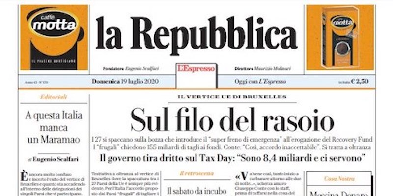 La prima pagina di Repubblica (la Repubblica)
