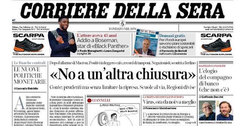 Le prime pagine di domenica 30 agosto 2020