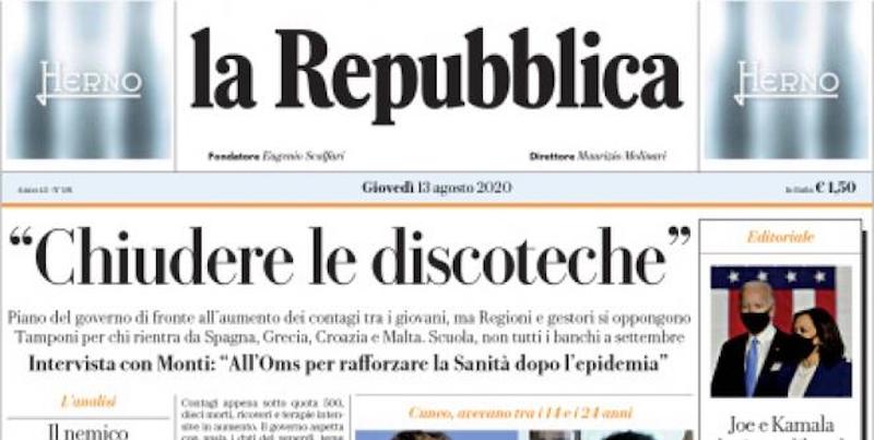 Le prime pagine di giovedì 13 agosto 2020