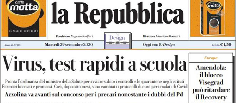 Le prime pagine di martedì 29 settembre 2020