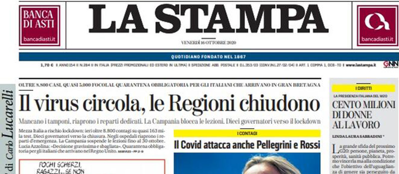 Le prime pagine di venerdì 16 ottobre 2020