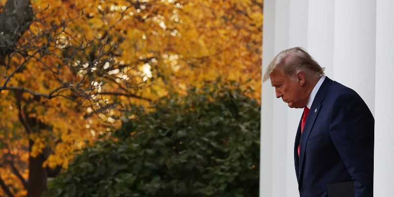 Il presidente degli Stati Uniti Donald Trump alla Casa Bianca, Washington, Stati Uniti, 13 novembre 2020 (Tasos Katopodis / Getty Images)