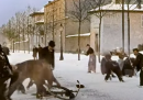 Una giocosa battaglia di palle di neve ottocentesca