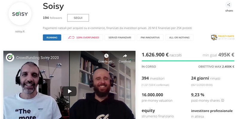 L'equity crowdfunding di Soisy su Two Hundred Crowd la mattina del 13 novembre 2020