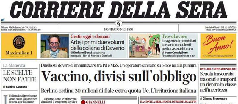 Le prime pagine di martedì 29 dicembre 2020
