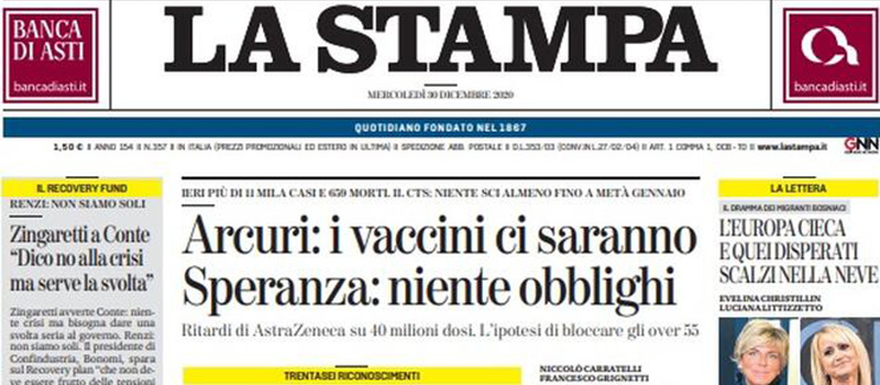 Le prime pagine di mercoledì 30 dicembre 2020