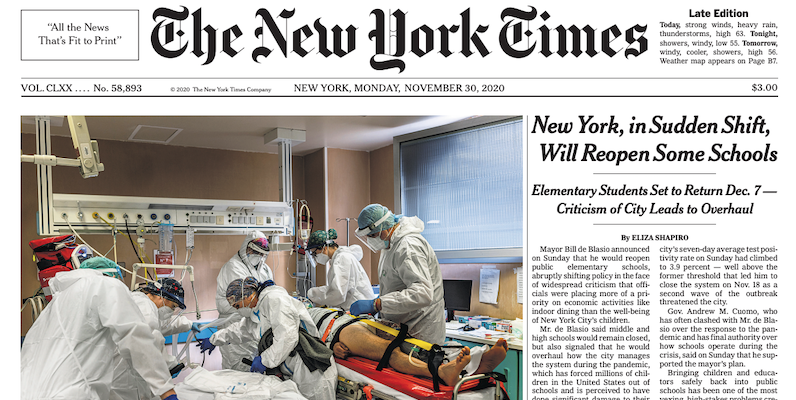 La prima pagina del New York Times di lunedì 30 novembre (New York Times)
