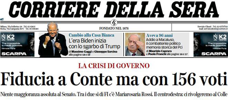 Le prime pagine di mercoledì 20 gennaio 2021