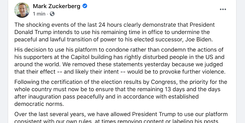 Facebook ha sospeso l’account di Donald Trump per almeno due settimane