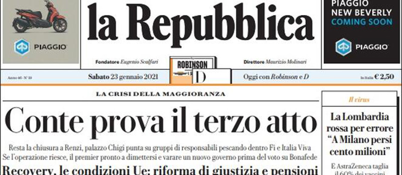 Le prime pagine di sabato 23 gennaio 2021