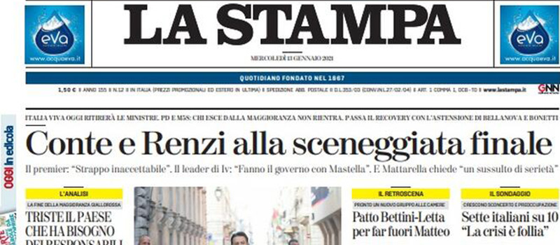 Le prime pagine di mercoledì 13 gennaio 2021