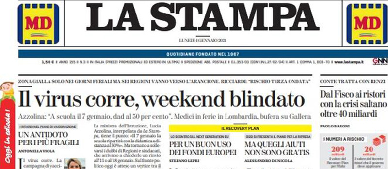 Le prime pagine di lunedì 4 gennaio 2021