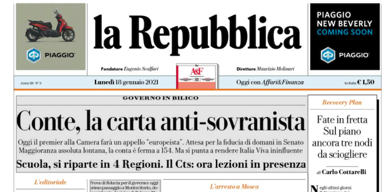 Le prime pagine di lunedì 18 gennaio 2021