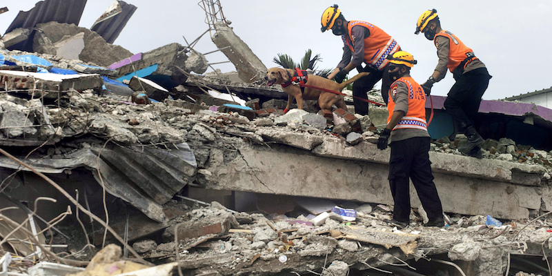 La ricerca delle eventuali persone rimaste sotto le macerie di un ospedale distrutto dal terremoto del 15 gennaio a Mamuju, in Indonesia, il 17 gennaio 2021 (AP Photo/Yusuf Wahil, La Presse)