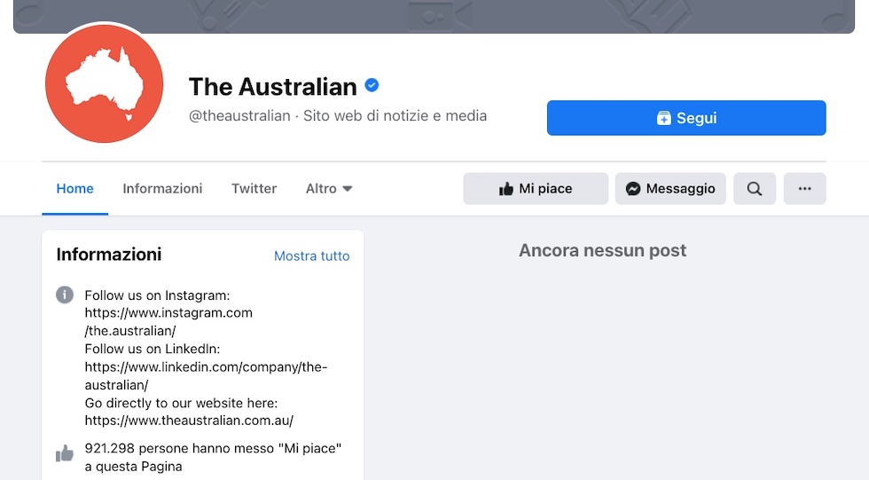La pagina Facebook del giornale The Australian, vuota, durante il blocco imposto dal social network