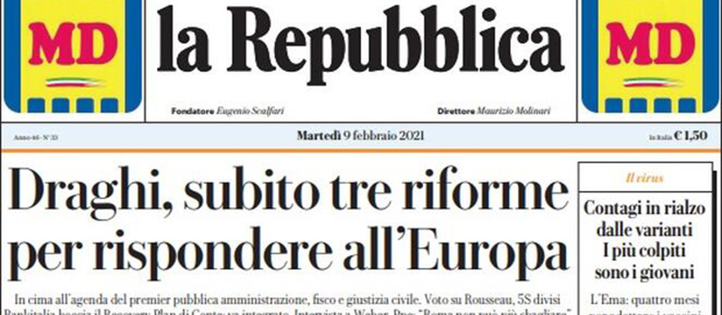 Le prime pagine di martedì 9 febbraio 2021