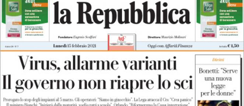 Le prime pagine di lunedì 15 febbraio 2021