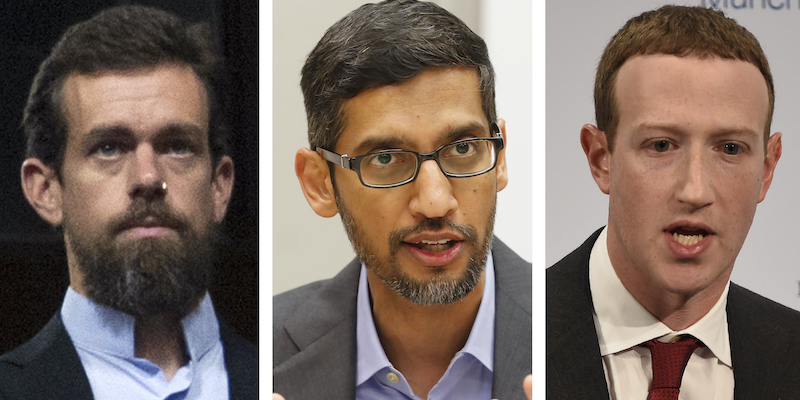 I tre amministratori delegati di Twitter, Google e Facebook, da sinistra: Jack Dorsey, Sundar Pichai e Mark Zuckerberg (AP Photo/Jose Luis Magana)
(AP Photo/LM Otero, File)
(AP Photo/Jens Meyer)