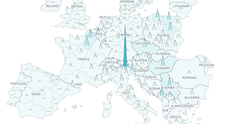 La mappa dell'Economist che mostra l'incidenza dei casi nelle regioni europee (Economist)