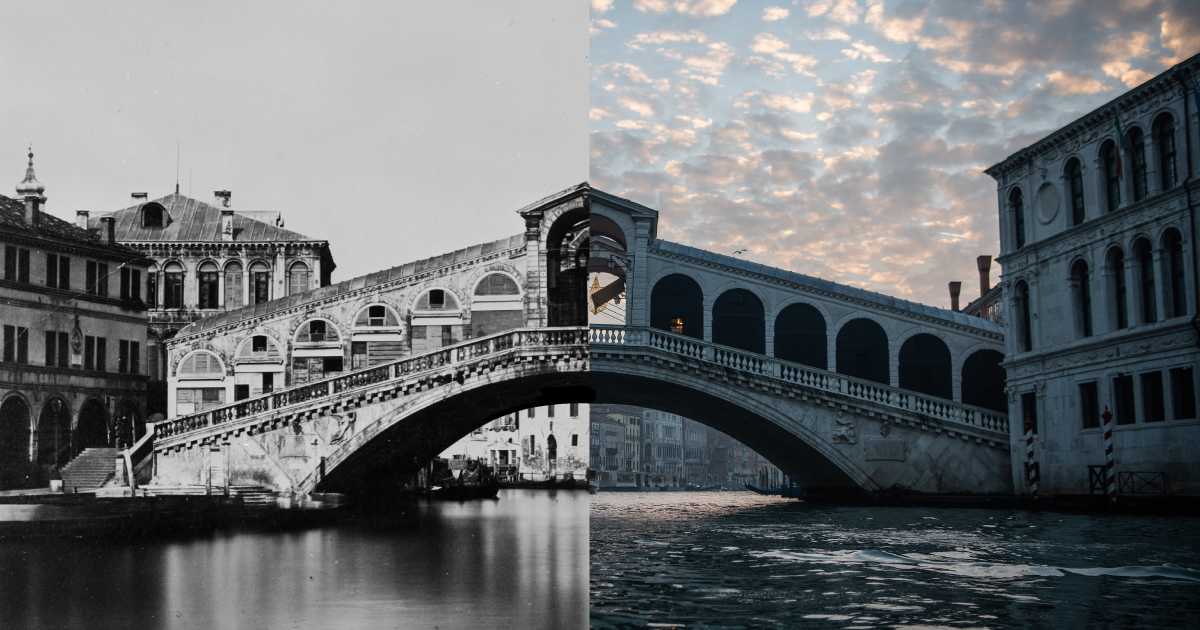 Il Ponte di Rialto fotografato negli anni Quaranta e nel 2020 (Getty Images)