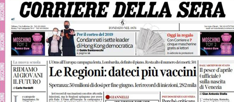 Le prime pagine di venerdì 2 aprile 2021