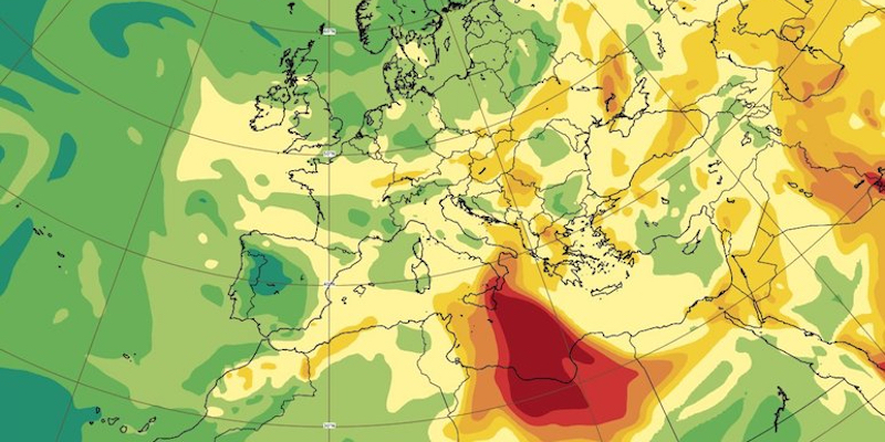 In rosso, la maggiore concentrazione di diossido di zolfo nell'atmosfera del 2 aprile 2021, secondo le rilevazioni meteorologiche dei satelliti di Copernicus: a produrlo è stato l'Etna (Copernicus) 