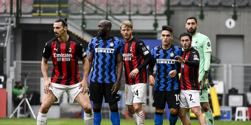 Ibrahimovic, Lukaku, Kjaer, Martinez, Calabria, e Donnarumma nel derby di Milano (Marco Alpozzi/LaPresse)