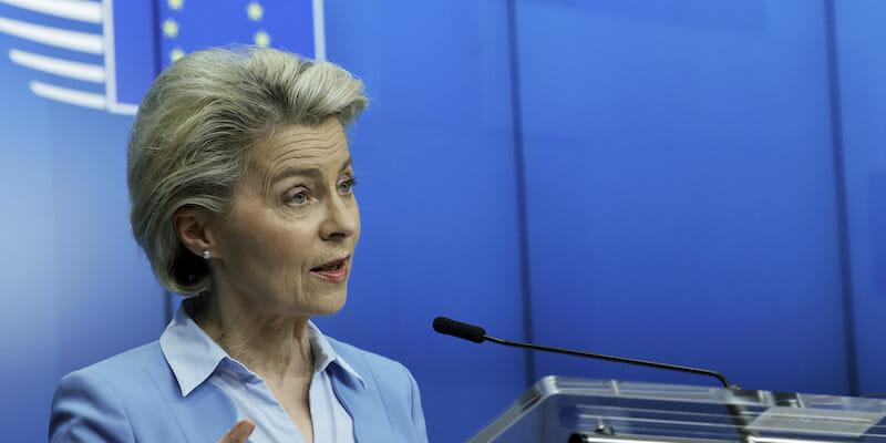 La presidente della Commissione Europea Ursula von der Leyen (AP Photo/Olivier Matthys, Pool)
