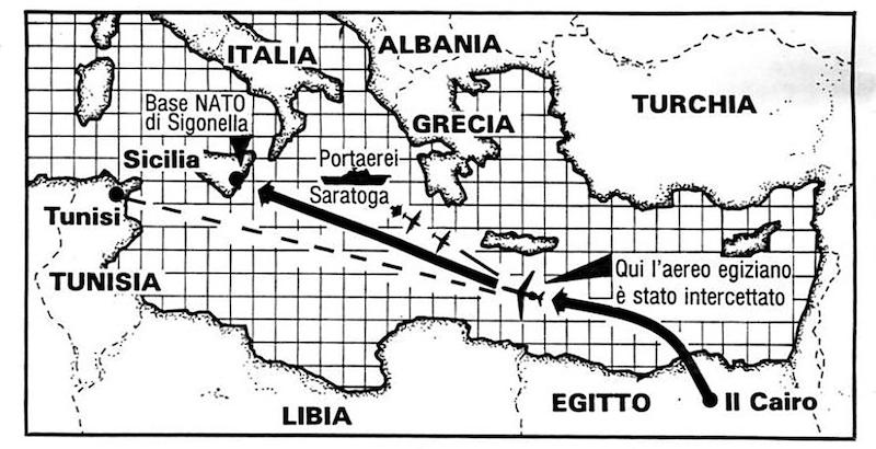 La ricostruzione del volo che avrebbe dovuto portare a Tunisi i quattro palestinesi responsabili del sequestro dell'Achille Lauro, il 7 ottobre 1985 (ANSA/ OLDPIX)