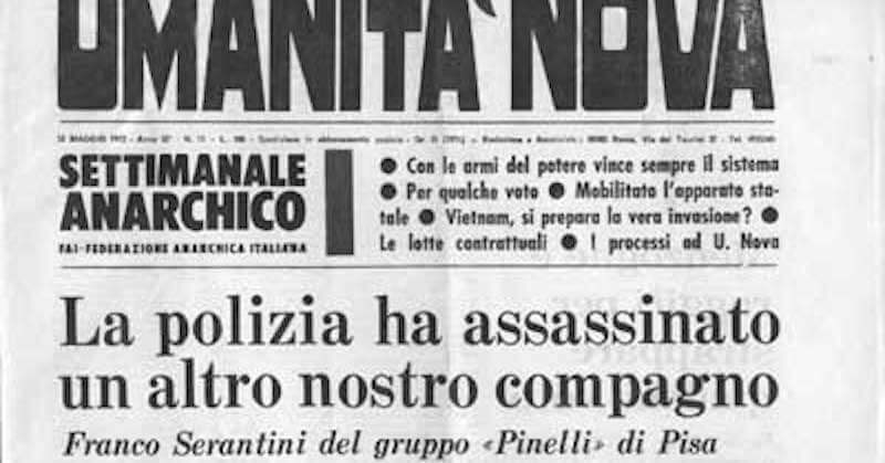 La prima pagina di Umanità Nova, settimanale anarchico, sulla morte di Serantini.