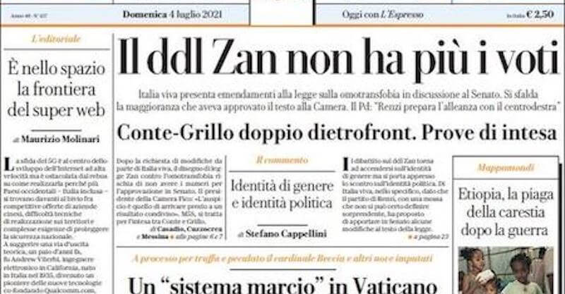 Le prime pagine di domenica 4 luglio 2021