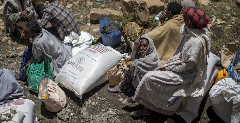 Una donna etiope nel Tigrè, seduta di fianco a un sacco di grano distribuito da una ONG (AP Photo/Ben Curtis, File)
