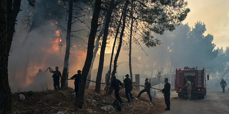 Poliziotti e vigili del fuoco cercano di spegnere un incendio prima che raggiunga una casa nella zona di Thrakomacedones, a nord di Atene, il 7 agosto 2021 (Milos Bicanski/Getty Images)