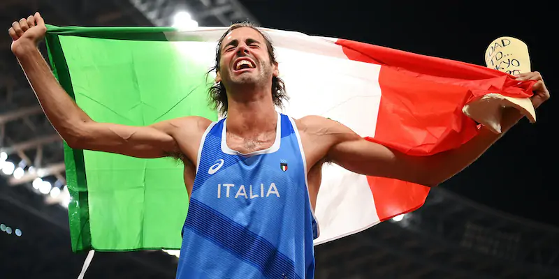 Gianmarco Tamberi dopo la vittoria nel salto in alto (Matthias Hangst/Getty Images)