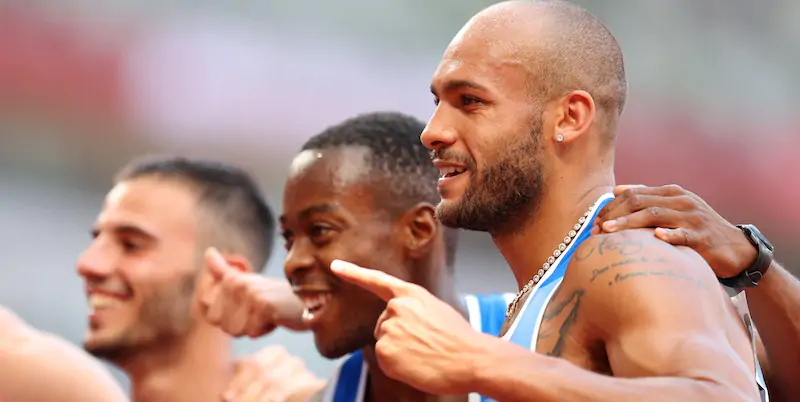 Marcell Jacobs, Lorenzo Patta e Eseosa Desalu, in gara nella finale maschile dei 4x100 metri (Patrick Smith/Getty Images)