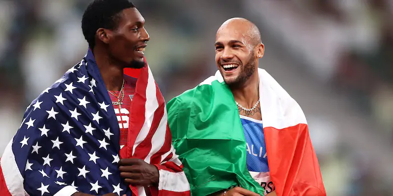 Marcell Jacobs e Fred Kerley dopo la finale dei 100 metri (Ryan Pierse/Getty Images)