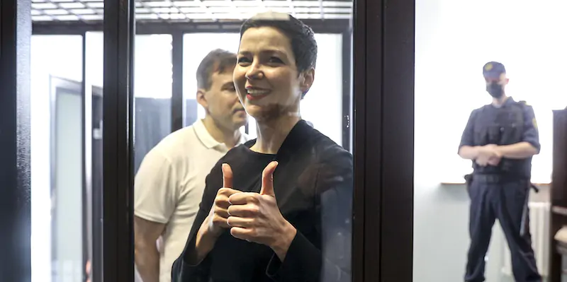 Maria Kolesnikova durante un'udienza del processo (Ramil Nasibulin/BelTA pool photo via AP)